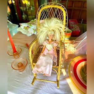Vintage rattan rocking chair plant stand doll chair